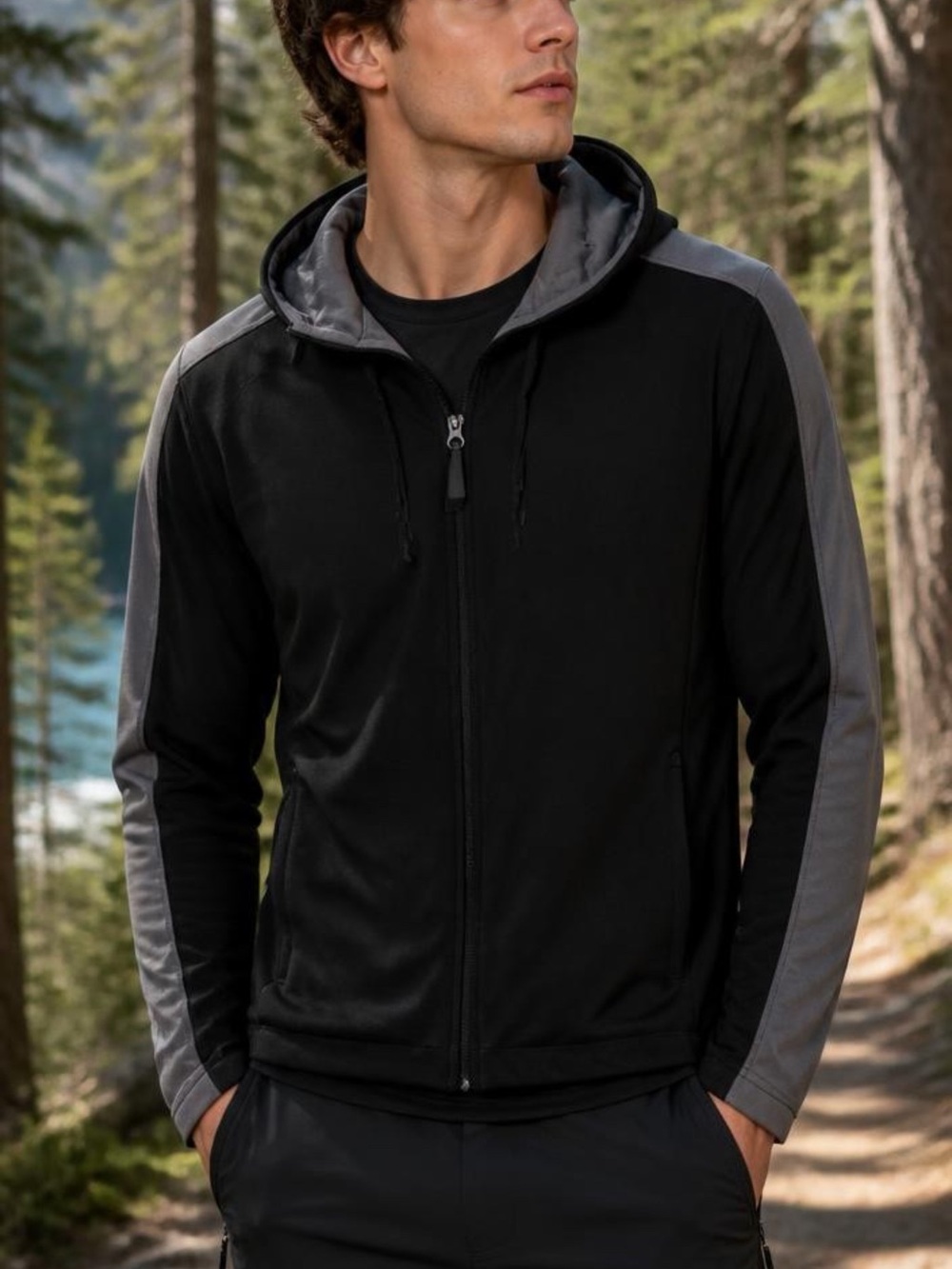 Fossa Men's Lightweight Black & Gray Hooded Shirt Jacket Sz M Thermal texture